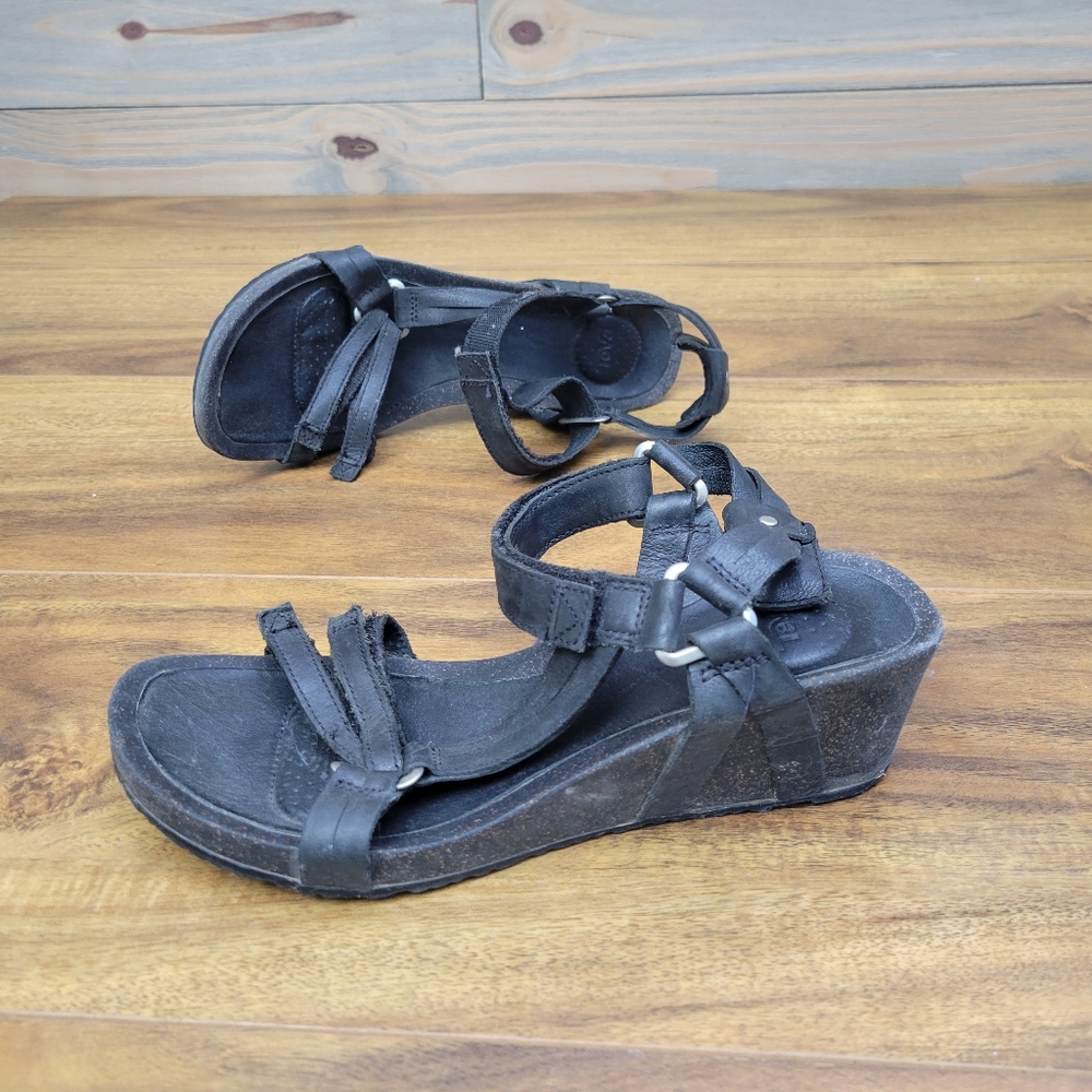 TEVA Ysidro Black Leather Cork Wedge Platform Heel Women’s Size 8